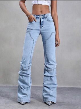 Y2K Style Light Blue Mid Rise Flared Jeans